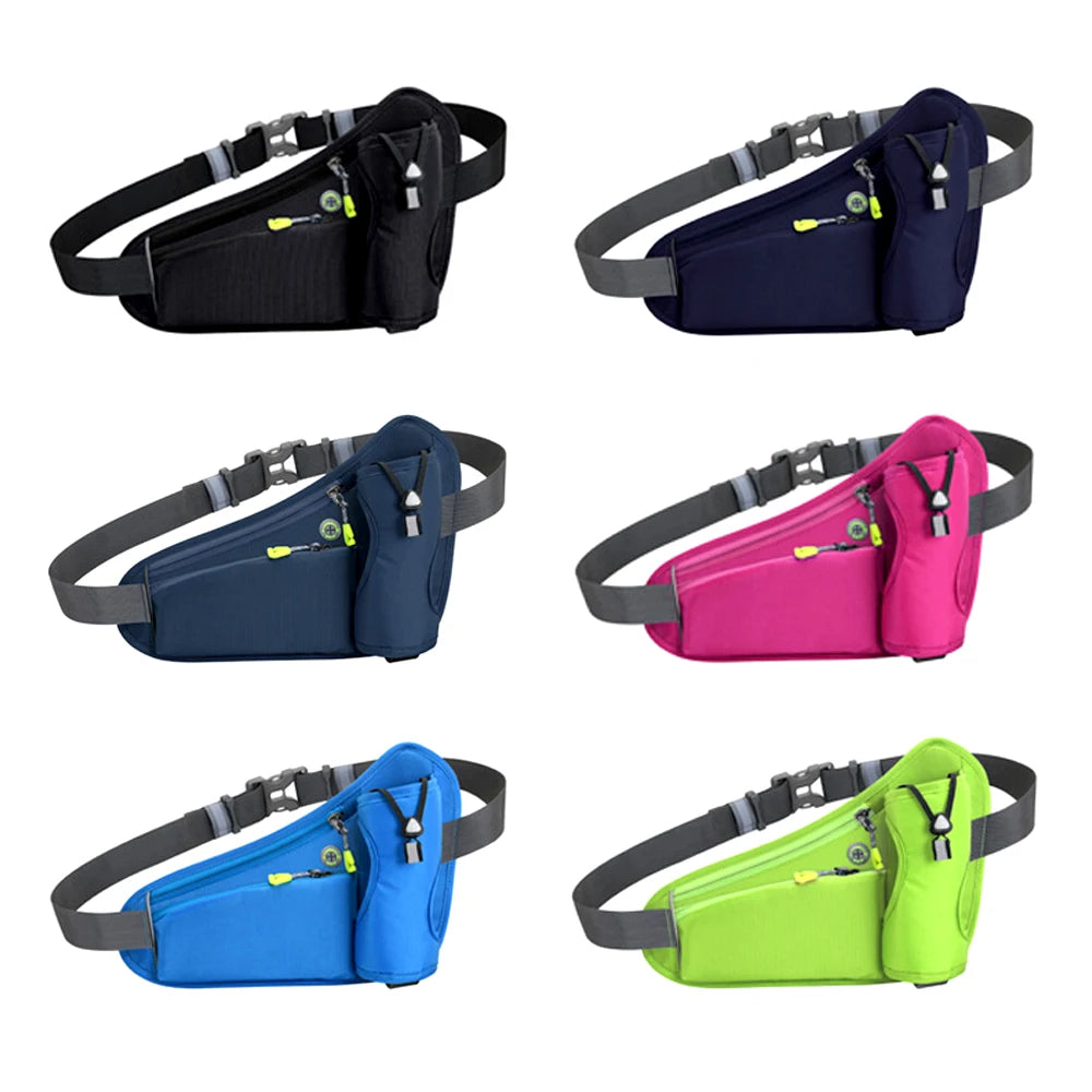 Adjustable Waterproof Running Waist Pack – No-Bounce Belt Bag with Bottle Holder, Headphone Port & Reflective Strips for Men & Women
