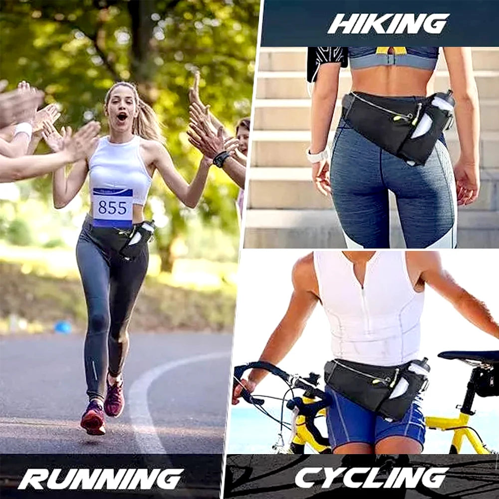 Adjustable Waterproof Running Waist Pack – No-Bounce Belt Bag with Bottle Holder, Headphone Port & Reflective Strips for Men & Women