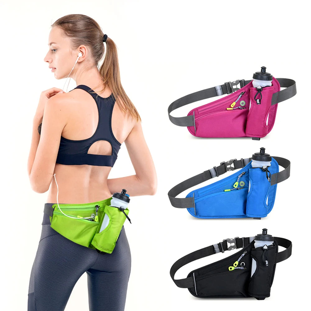 Adjustable Waterproof Running Waist Pack – No-Bounce Belt Bag with Bottle Holder, Headphone Port & Reflective Strips for Men & Women