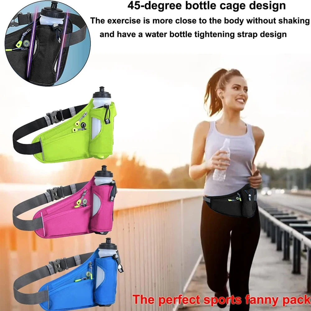 Adjustable Waterproof Running Waist Pack – No-Bounce Belt Bag with Bottle Holder, Headphone Port & Reflective Strips for Men & Women