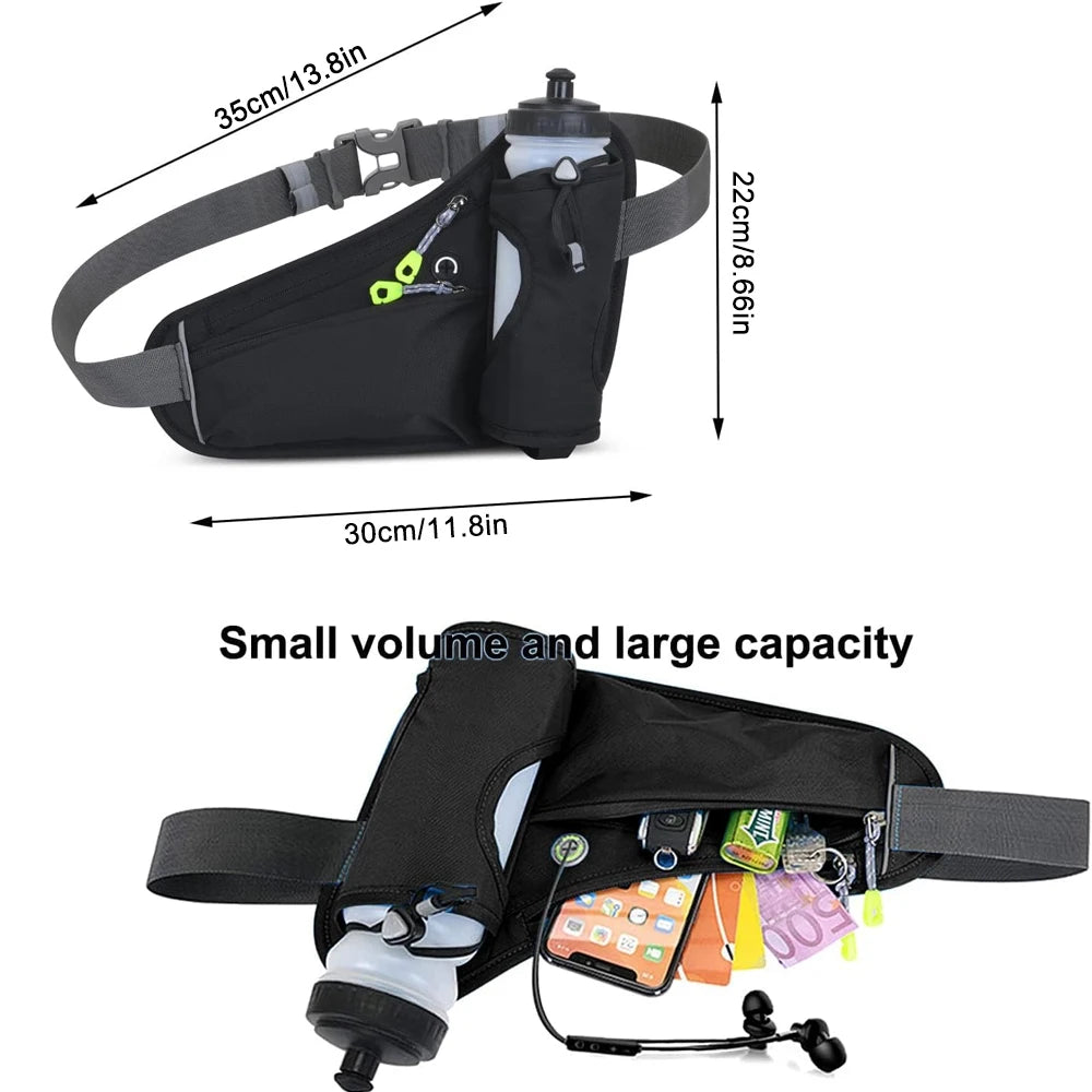 Adjustable Waterproof Running Waist Pack – No-Bounce Belt Bag with Bottle Holder, Headphone Port & Reflective Strips for Men & Women